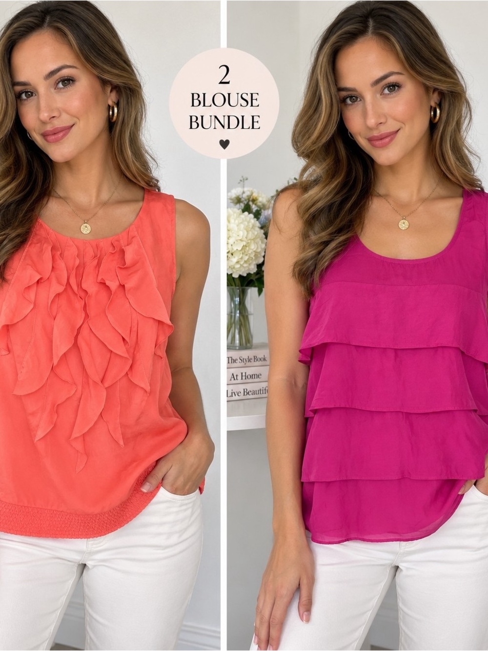 Ann Taylor LOFT 2 Blouse Bundle Coral Magenta fuchsia Silk Blend Ruffle Petite